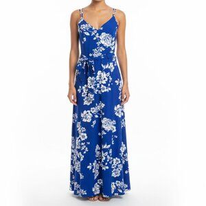 Rebecca B. Blue Floral Maxi Dress – Criss Cross Back & Tie Waist – Size 10